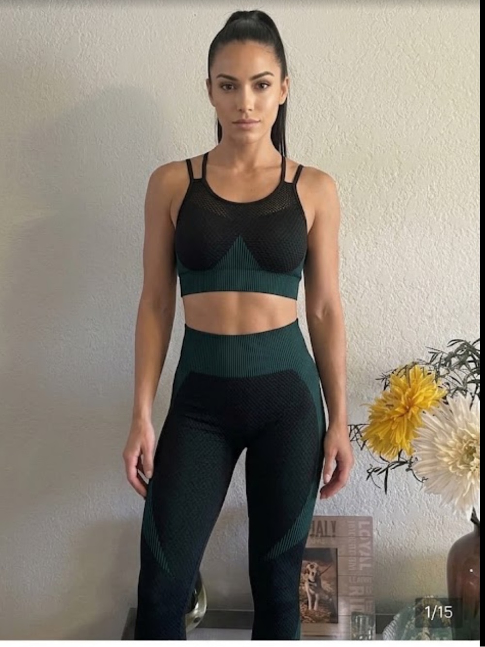 High Waist Leggings and Sport Bra - Black & Dark Green Sz M